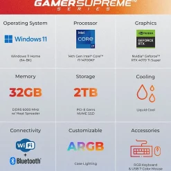 CyberPowerPC Gamer Supreme Gaming Desktop Computer, Intel Core i7-14700KF, 32GB DDR5 Memory, 2TB SSD (SLC10060CPGV9)