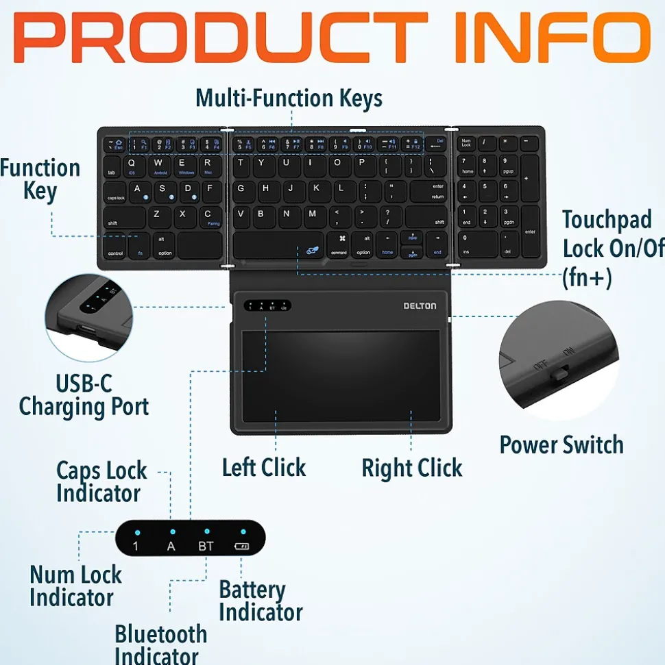 Delton F92 Foldable Portable Wireless Keyboard with Touchpad, Black (DKBF92)