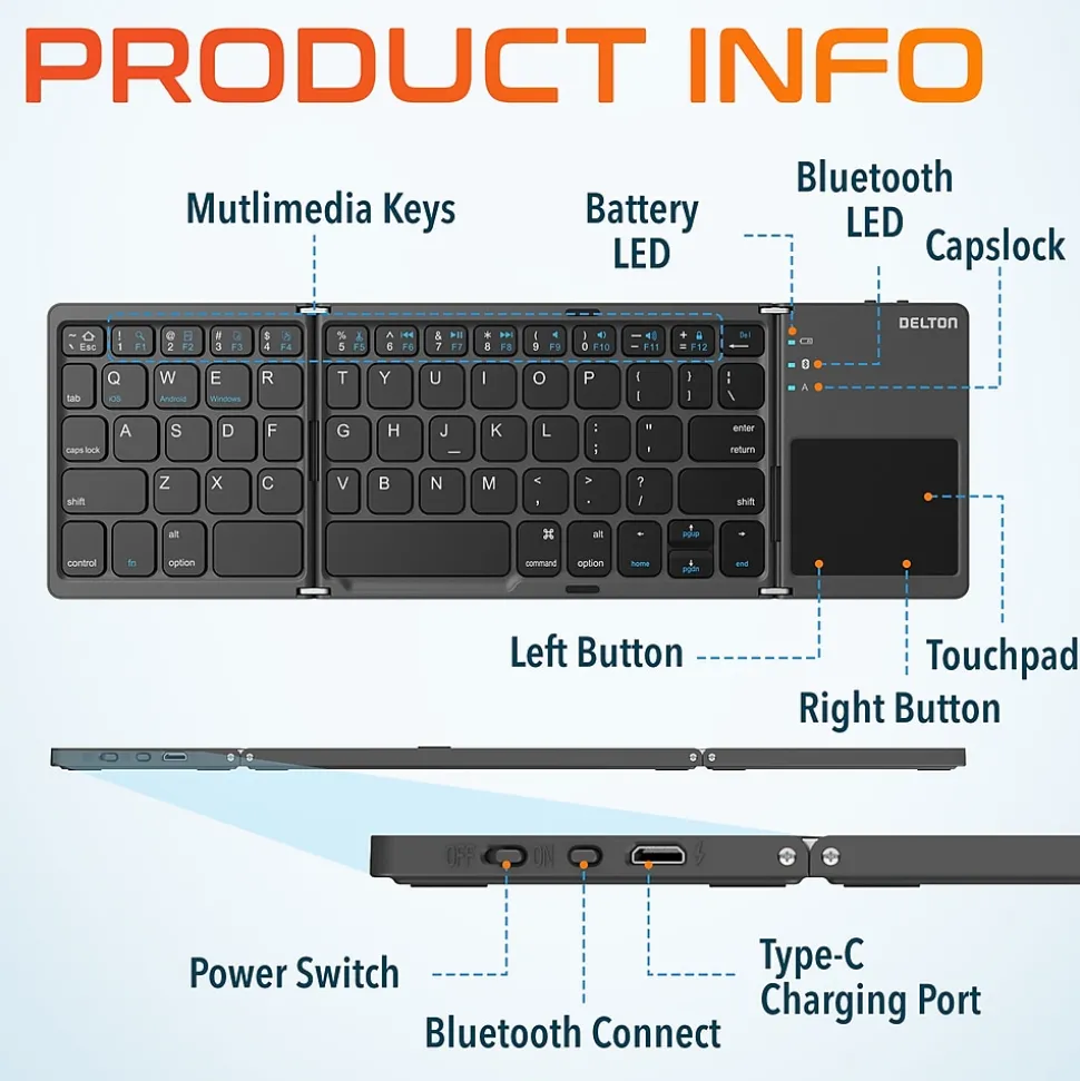 Delton F75 Small Wireless Foldable Portable Keyboard and Touchpad, Black (DKBF75)