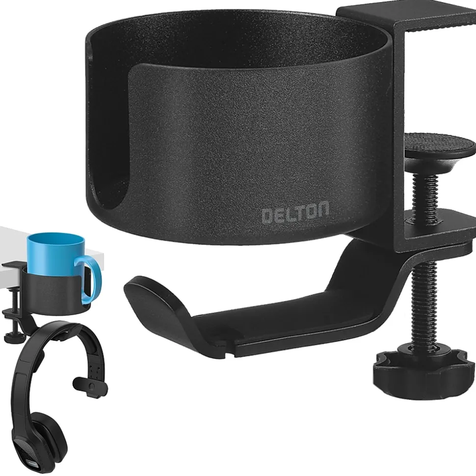 Delton H22 Under Desk Cup Holder and Desk Hook for Headphones, Black (DHSCH22)