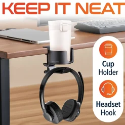 Delton H22 Under Desk Cup Holder and Desk Hook for Headphones, Black (DHSCH22)