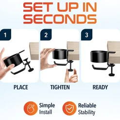 Delton H22 Under Desk Cup Holder and Desk Hook for Headphones, Black (DHSCH22)