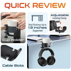 Delton H22 Under Desk Cup Holder and Desk Hook for Headphones, Black (DHSCH22)