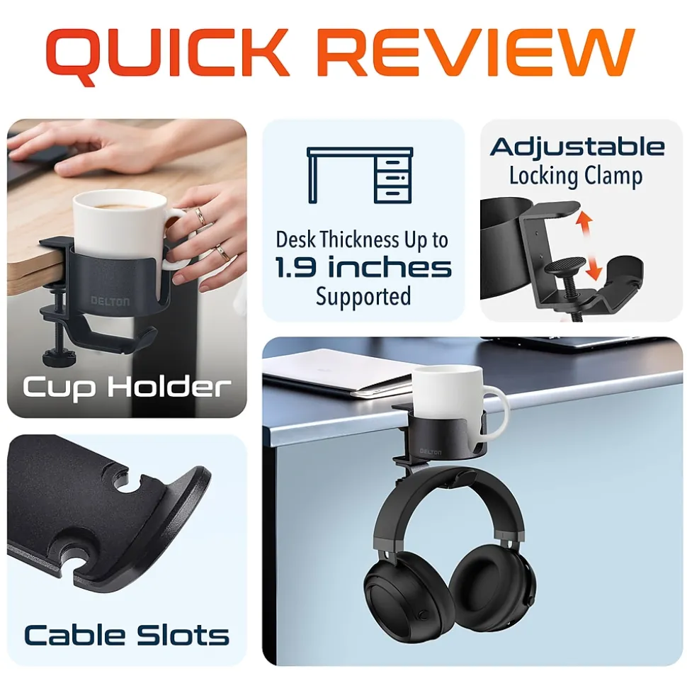 Delton H22 Under Desk Cup Holder and Desk Hook for Headphones, Black (DHSCH22)