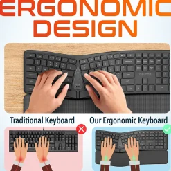 Delton KB250 Ergonomic Wireless Curved Keyboard with Cushioned Wrist Rest, Black (DKBE250-WR)