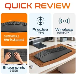 Delton KB250 Ergonomic Wireless Curved Keyboard with Cushioned Wrist Rest, Black (DKBE250-WR)