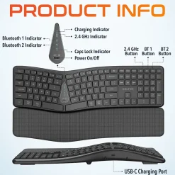 Delton KB250 Ergonomic Wireless Curved Keyboard with Cushioned Wrist Rest, Black (DKBE250-WR)