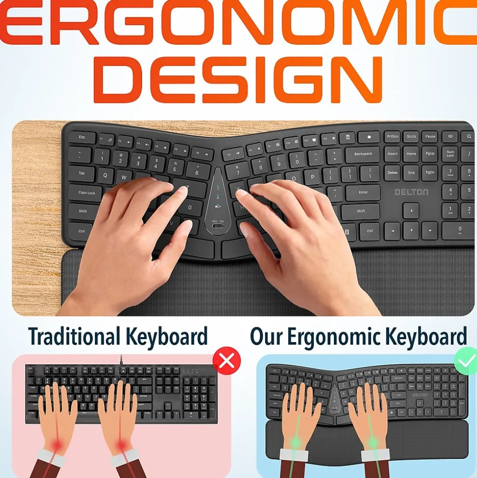 Delton KB250 Wireless Ergonomic Keyboard, Black (DKBE250-WB)