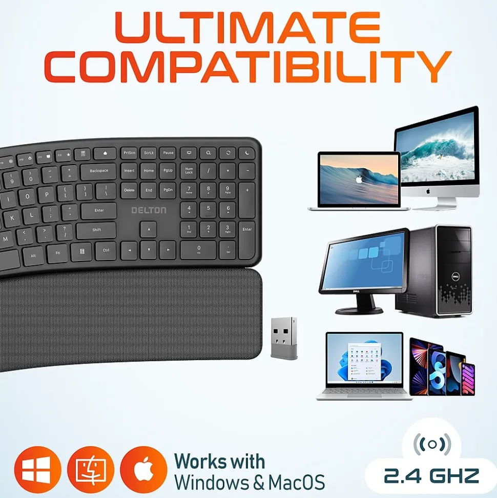 Delton KB250 Wireless Ergonomic Keyboard, Black (DKBE250-WB)