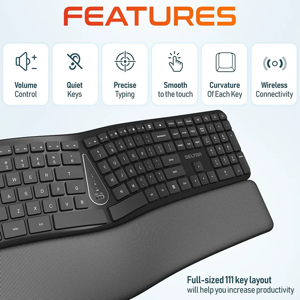 Delton KB250 Wireless Ergonomic Keyboard, Black (DKBE250-WB)