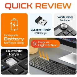 Delton KB90 Wireless Rechargeable Solar (Light) Powered Keyboard, Black (DKBSLR90)