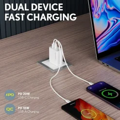 Delton Overtime Charger USB-A/USB-C Wall Charger for Multiple Brands, White (DH2USB2A)