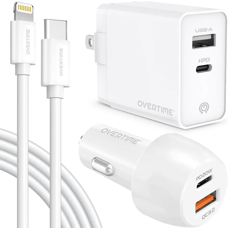 Delton Overtime USB-C/USB Wall & Car Chargers with Apple MFi Certified Cable for iPhone/iPad, White (CE14542A)