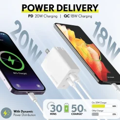 Delton Overtime USB-C/USB Wall & Car Chargers with Apple MFi Certified Cable for iPhone/iPad, White (CE14542A)