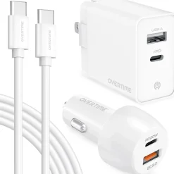 Delton Overtime USB-C/USB Wall Charger and Car Charger with Certified USB-C Cable for iPhone 15/Android, White (DAC3IN12USBRG)