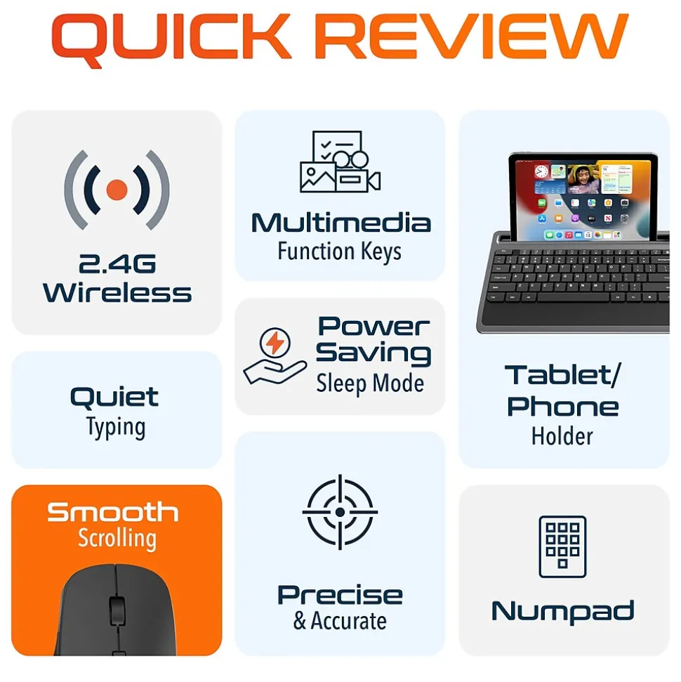 Delton T42 Wireless Keyboard with Tablet Holder and M42 Optical Mouse Combo, Black (DKBMT42-WB)