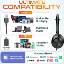 Delton 32Y MS Teams Noise-Canceling On-Ear Computer Headset, USB Type-A & Type C, Black (DWH32Y)