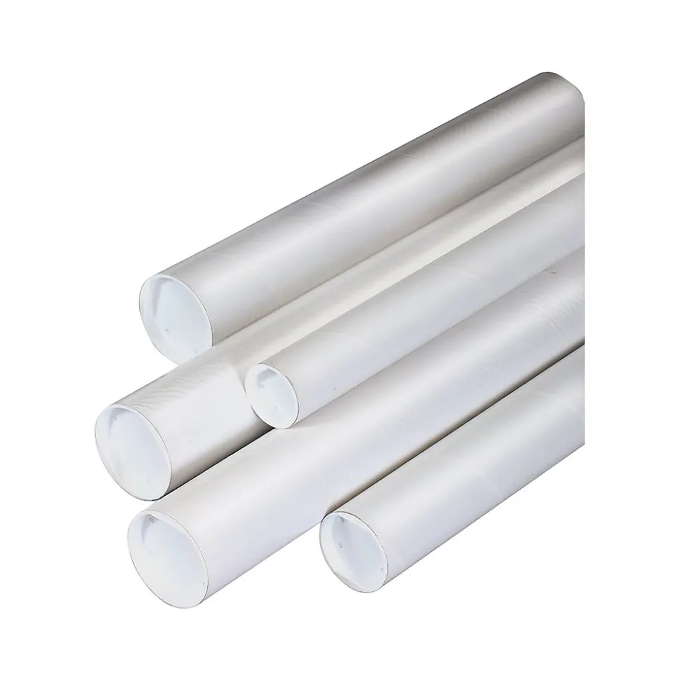 2"Dia x 24"L Mailing Tubes with Caps, White, 50/Case (P2024W)