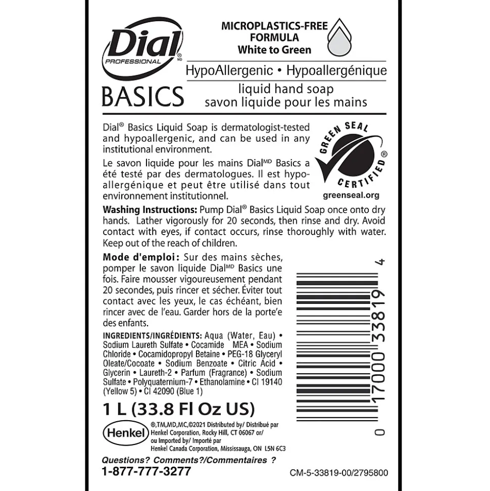 Dial Basics Liquid Hand Soap Refill, 1L, 8/Carton (33821)