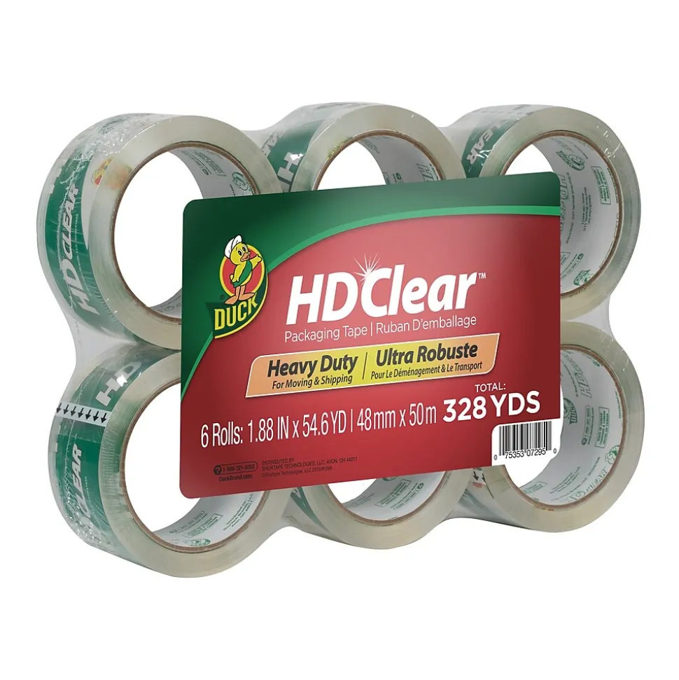 Duck HD Clear Heavy Duty Packing Tape, 1.88" x 54.6 yds., Clear, 6/Pack (441962/7295)