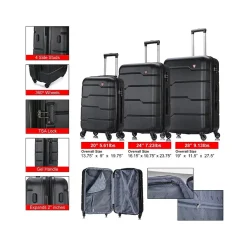 DUKAP Rodez 3-Piece Hardside Spinner Luggage Set, TSA Checkpoint Friendly, Black (DKRODSML-BLK)