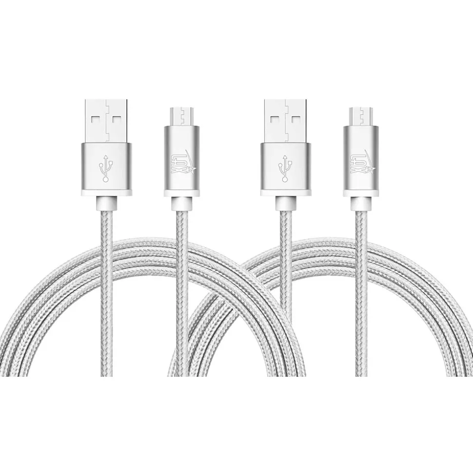 Durable Braided Micro USB Cables for Android Smartphones, Samsung, LG (10ft) - (Set of 2 - Silver)