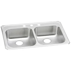 Elkay Celebrity 3-Hole Dual-Bowl Drop In Kitchen Sink, 21.25" x 33" x 5.38", Stainless Steel, Brushed Satin (GECR33213)