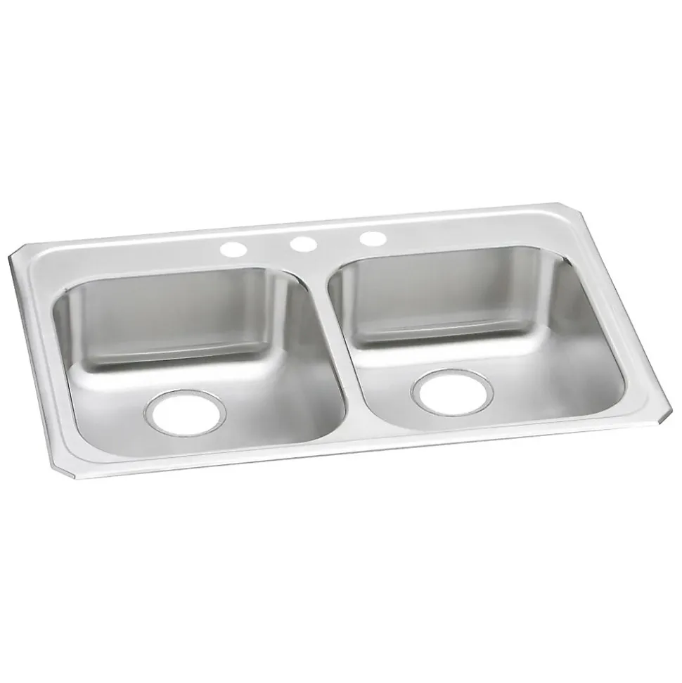 Elkay Celebrity 3-Hole Dual-Bowl Drop In Kitchen Sink, 21.25" x 33" x 5.38", Stainless Steel, Brushed Satin (GECR33213)