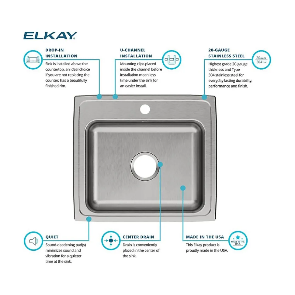 Elkay Celebrity 1-Hole Single-Bowl Drop-In Kitchen Sink, 19.5" x 22" x 7.13", Stainless Steel, Brushed Satin (PSR17201)