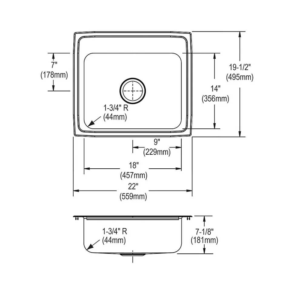 Elkay Celebrity 1-Hole Single-Bowl Drop-In Kitchen Sink, 19.5" x 22" x 7.13", Stainless Steel, Brushed Satin (PSR17201)