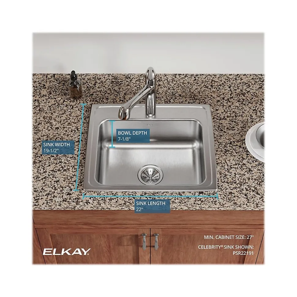 Elkay Celebrity 1-Hole Single-Bowl Drop-In Kitchen Sink, 19.5" x 22" x 7.13", Stainless Steel, Brushed Satin (PSR17201)