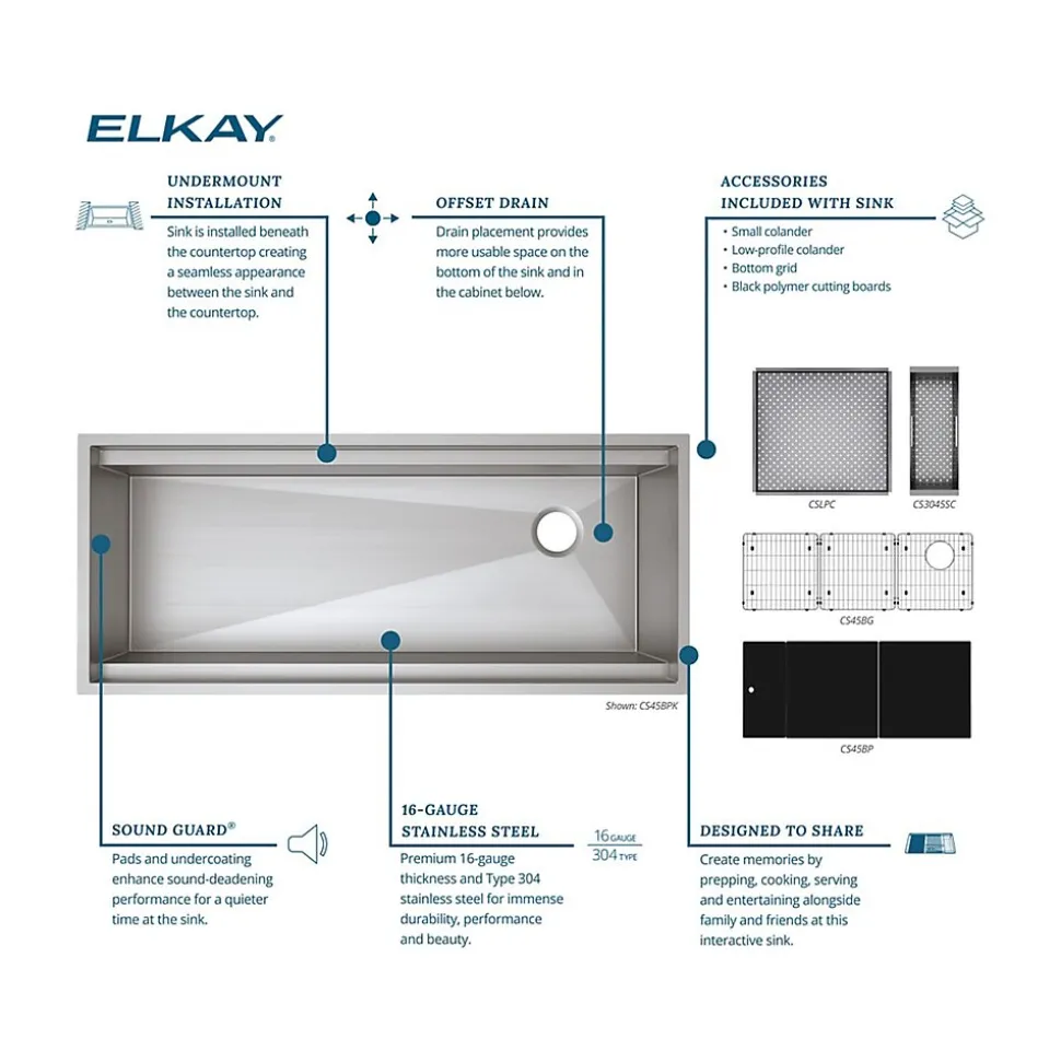Elkay Circuit Chef Single-Bowl Undermount Sink Kit, 20.5" x 45.5" x 10", Stainless Steel, Lustrous Satin (CS45BPK)