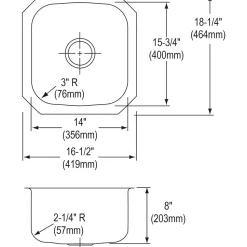 Elkay Dayton Stainless Steel 16-1/2" x 18-1/4" x 8", Single Bowl Undermount Bar Sink (DXUH1618)
