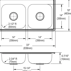 Elkay Dayton Stainless Steel 33" x 19" x 6-7/16", Equal Double Bowl Top Mount Sink (D233194)
