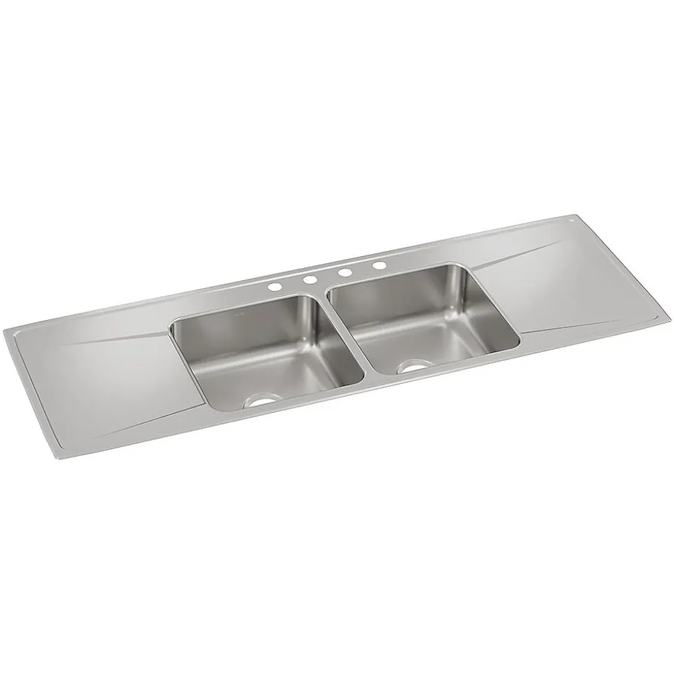 Elkay Lustertone Classic 4-Hole Double-Bowl Drop-in Sink with Drainboard, 22" x 66" x 7.63", Stainless Steel, Lustrous Satin