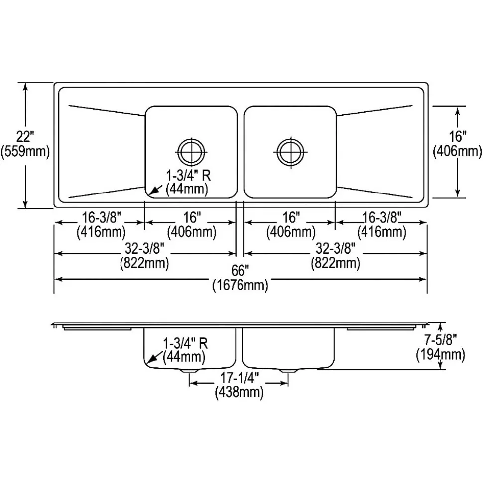 Elkay Lustertone Classic 4-Hole Double-Bowl Drop-in Sink with Drainboard, 22" x 66" x 7.63", Stainless Steel, Lustrous Satin