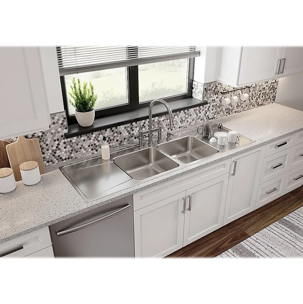 Elkay Lustertone Classic 4-Hole Double-Bowl Drop-in Sink with Drainboard, 22" x 66" x 7.63", Stainless Steel, Lustrous Satin