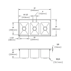 Elkay Triple-Bowl Drop-In Kitchen Sink, 19" x 37" x 10", Stainless Steel, Silver (DI-3C-101410X)