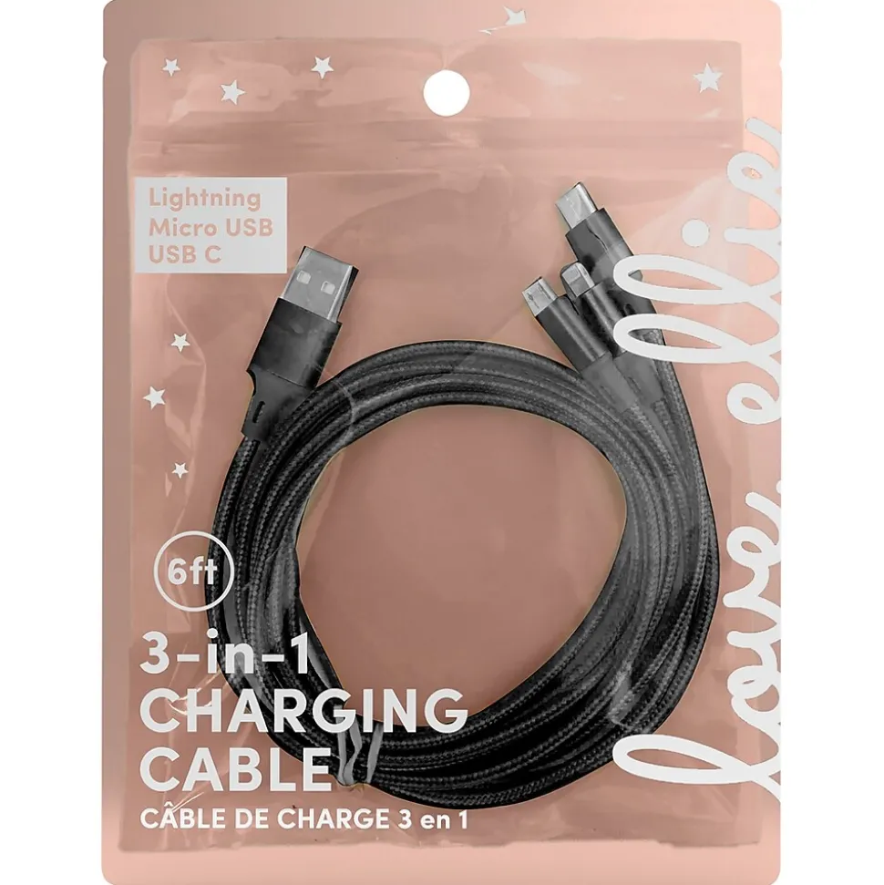 ELLIE ROSE 3-in-1 Charging Cable, 6 Feet Black (3CBL-0047)