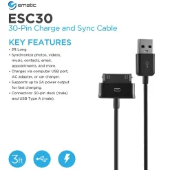 Ematic Charge and Sync 30-Pin to USB-A Cable, 3 ft., Black (ESC30)