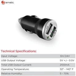 Ematic 2-Port USB-A Car Charger, 2.1-Amp, Black, (ECC08BL)
