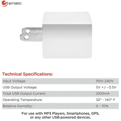 Ematic 2-Port USB-A Wall Charger, 2.1-Amp, White, (ECW06WH)