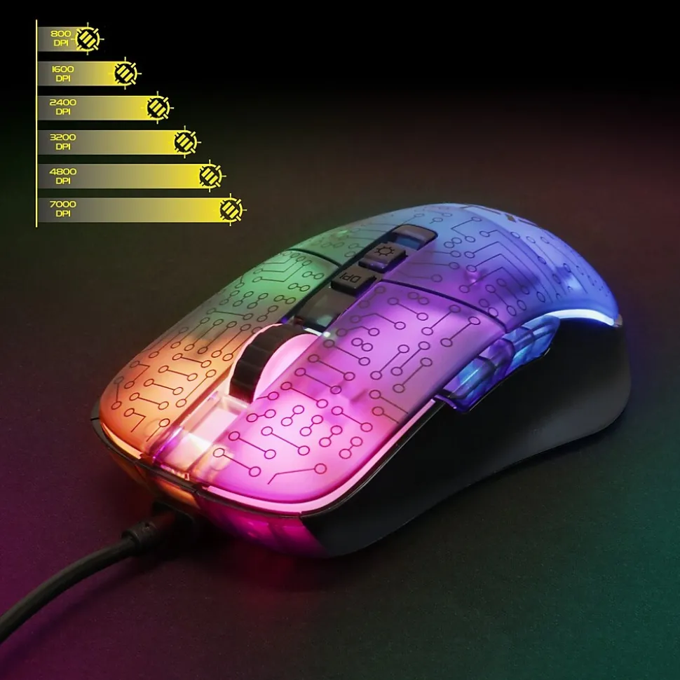 ENHANCE Voltaic 2 Wired Ambidextrous Laser USB Gaming Mouse, Clear with Multicolor LEDs (ENVOMN2100CLWS)