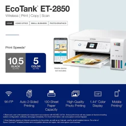 Epson EcoTank ET-2850 All-in-One Cartridge-Free Supertank Printer, White (Refurbished)