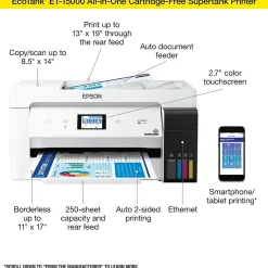Epson EcoTank ET-15000 Wireless Color Inkjet Printer, All-In-One Supertank, Print, Scan, Copy, Fax (9472514)