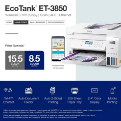 Epson EcoTank ET-3850 Wireless Color Inkjet Printer, All-In-One Supertank, Print, Scan, Copy (9472543)