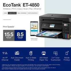 Epson EcoTank ET-4850-B Wireless Color Inkjet Printer, All-In-One Supertank, Print, Scan, Copy, Fax (9472544)