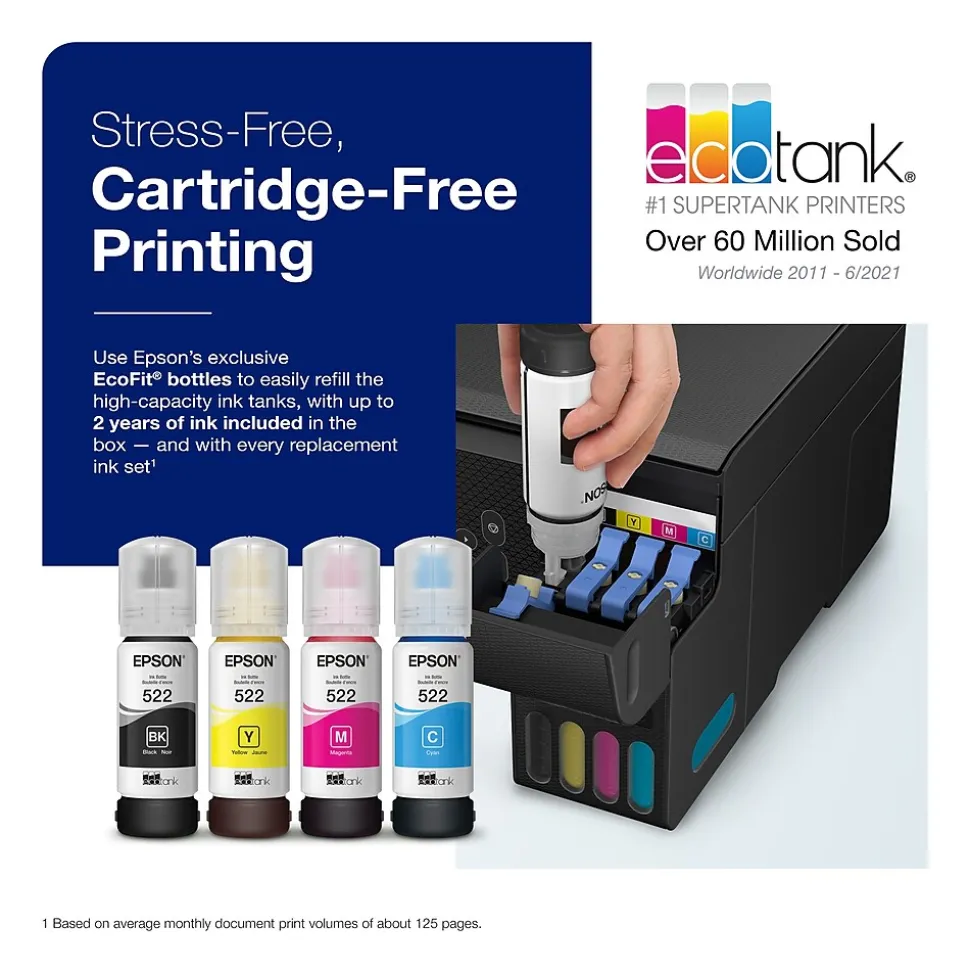 Epson EcoTank ET-2800-B Wireless Color Inkjet Printer, All-In-One Supertank, Print, Scan, Copy (9472532)