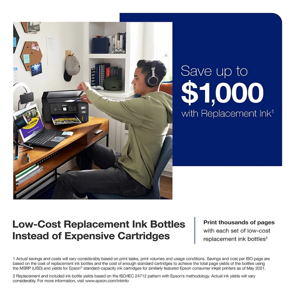 Epson EcoTank ET-2800-B Wireless Color Inkjet Printer, All-In-One Supertank, Print, Scan, Copy (9472532)