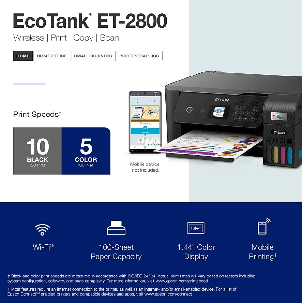 Epson EcoTank ET-2800-B Wireless Color Inkjet Printer, All-In-One Supertank, Print, Scan, Copy (9472532)